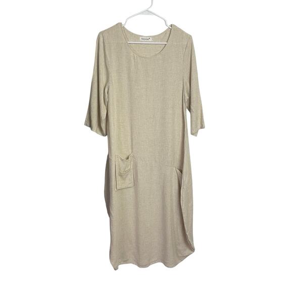 Anysize Lantern Dress Womens S Beige Linen Blend 3/4 Sleeve Pockets Lagenlook - Picture 1 of 9